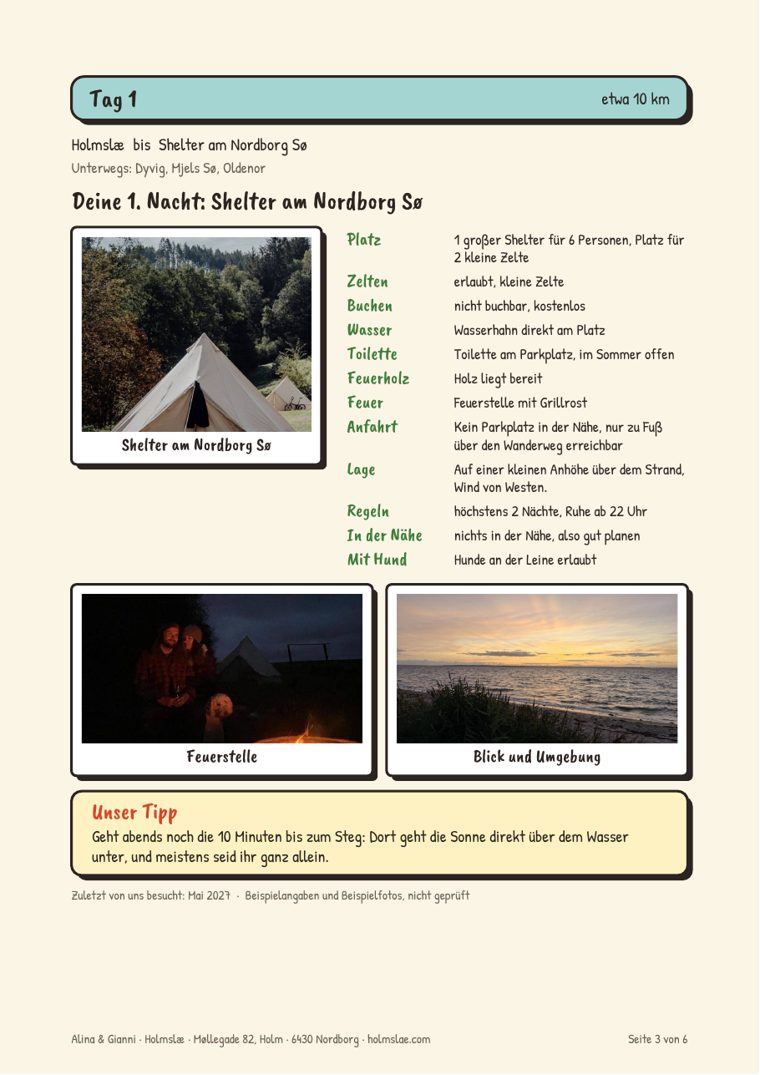Beispielseite: Steckbrief eines Shelters mit Fotos, Angaben und Tipp